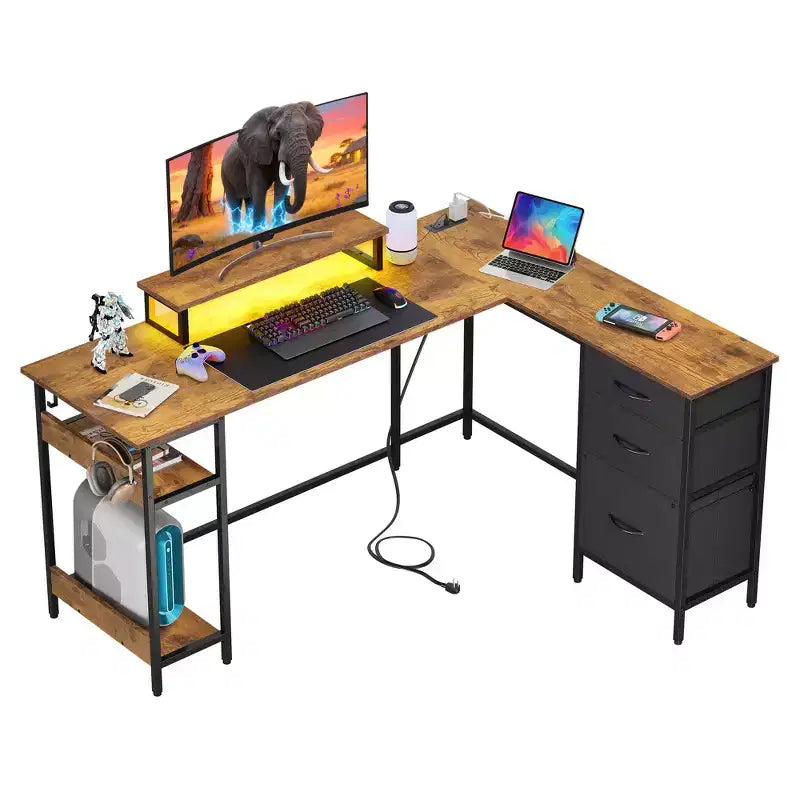 60-Inch L-Shaped Gaming Desk, Corner Computer Desk with Storage, Power Outlets & LED Lights