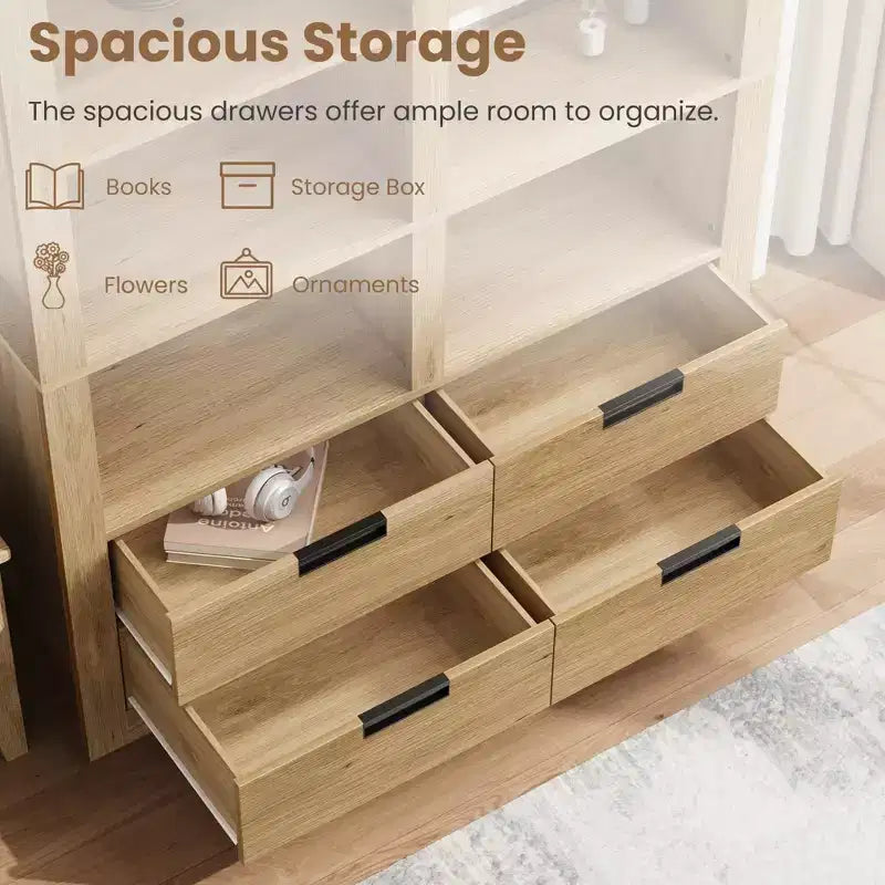 72 Tall Book Shelf with Storage, Farmhouse Floor Standing Bookcase,Book Shelf with 4 Drawers, Freestanding Display Storage Shelves