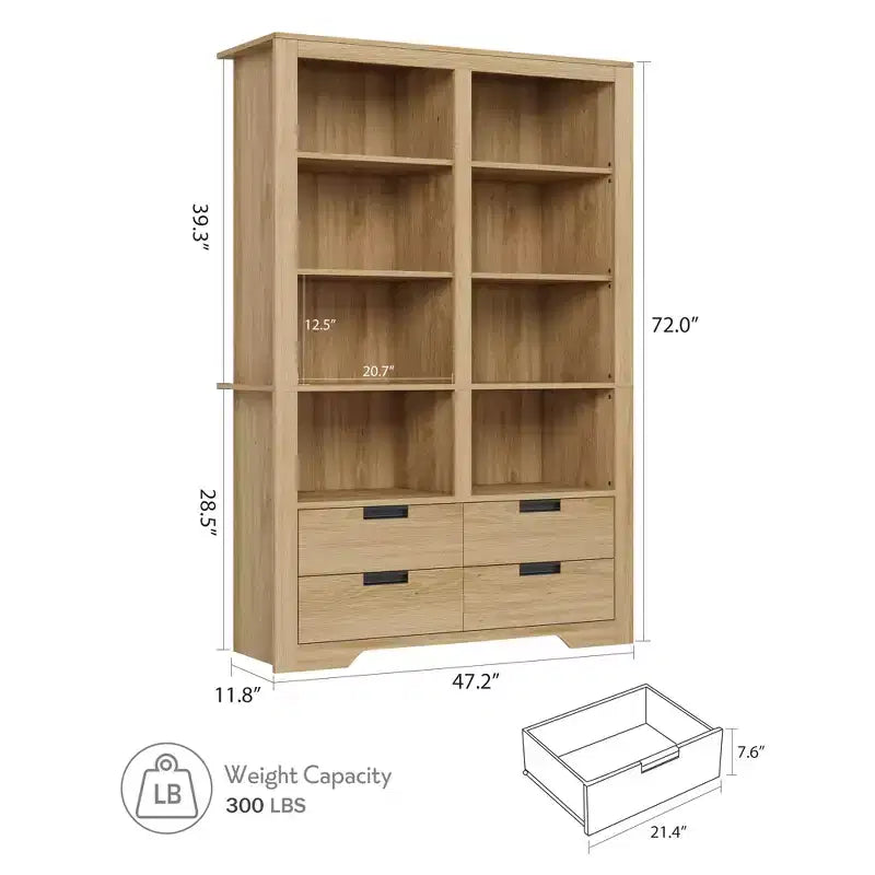 72 Tall Book Shelf with Storage, Farmhouse Floor Standing Bookcase,Book Shelf with 4 Drawers, Freestanding Display Storage Shelves