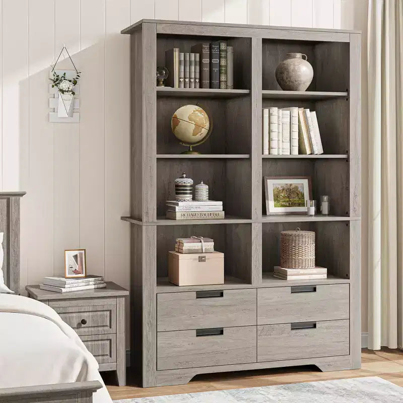 72 Tall Book Shelf with Storage, Farmhouse Floor Standing Bookcase,Book Shelf with 4 Drawers, Freestanding Display Storage Shelves