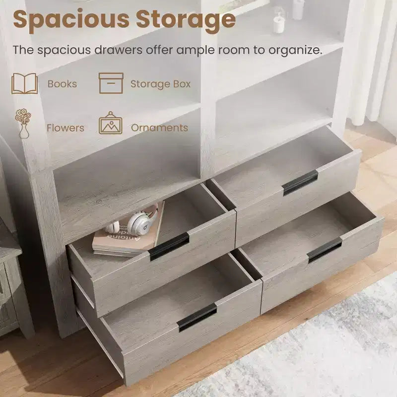 72 Tall Book Shelf with Storage, Farmhouse Floor Standing Bookcase,Book Shelf with 4 Drawers, Freestanding Display Storage Shelves