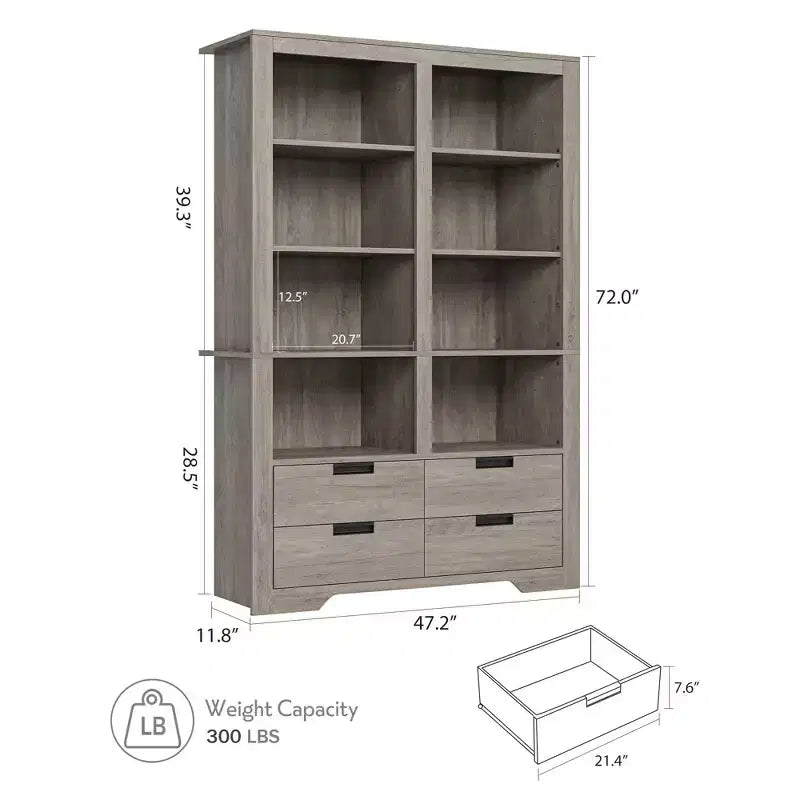 72 Tall Book Shelf with Storage, Farmhouse Floor Standing Bookcase,Book Shelf with 4 Drawers, Freestanding Display Storage Shelves