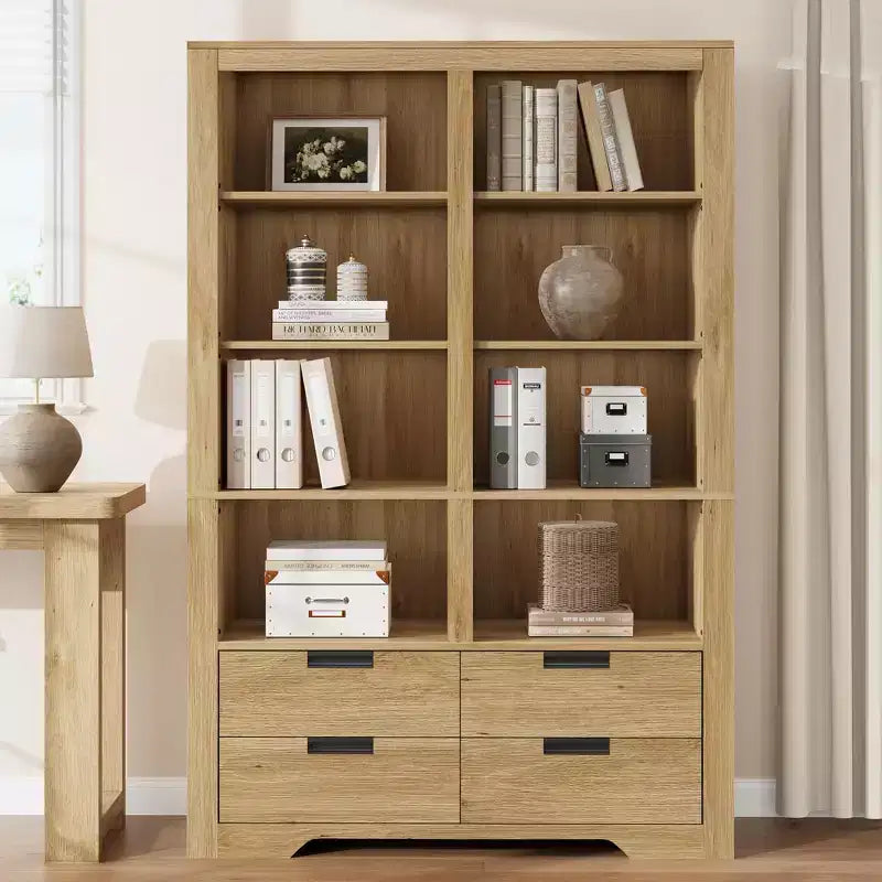 72 Tall Book Shelf with Storage, Farmhouse Floor Standing Bookcase,Book Shelf with 4 Drawers, Freestanding Display Storage Shelves