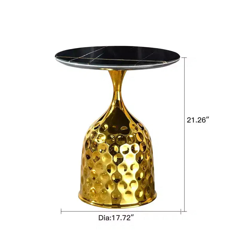 Round Side Table with Iron Tray Top, Gold Metal Hammer Pattern Pedestal, End Table for Sofa, Bedside