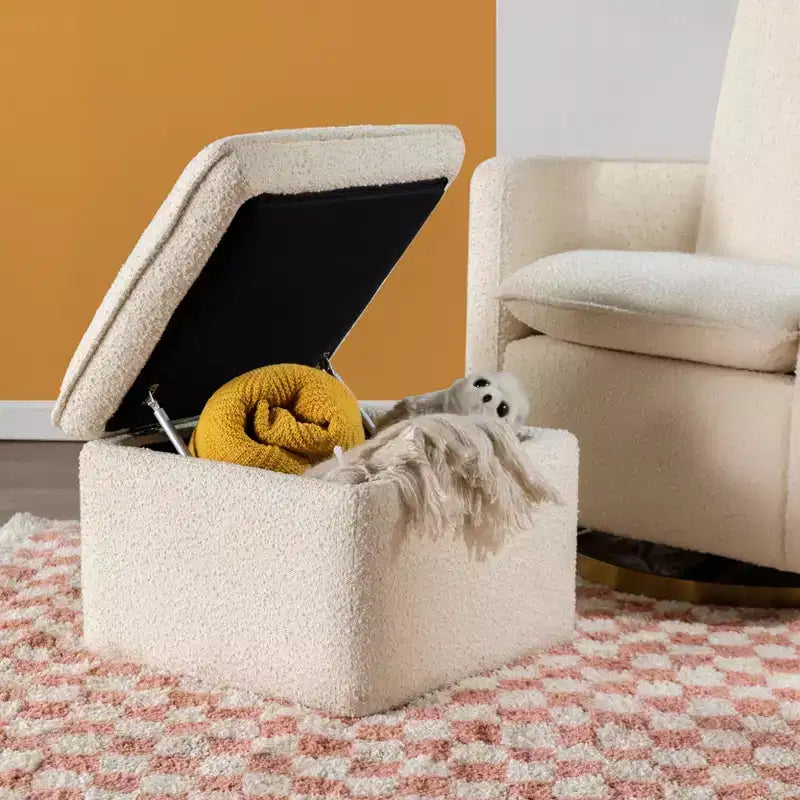 Storage Ottoman, Boucle Upholstered with Soft-Close Lid for Nursery