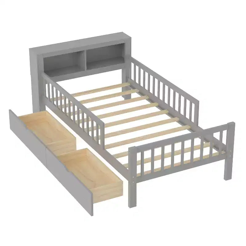Wood Twin Size Platform Bed with 2 Storage Drawers and Guardrails for Kids