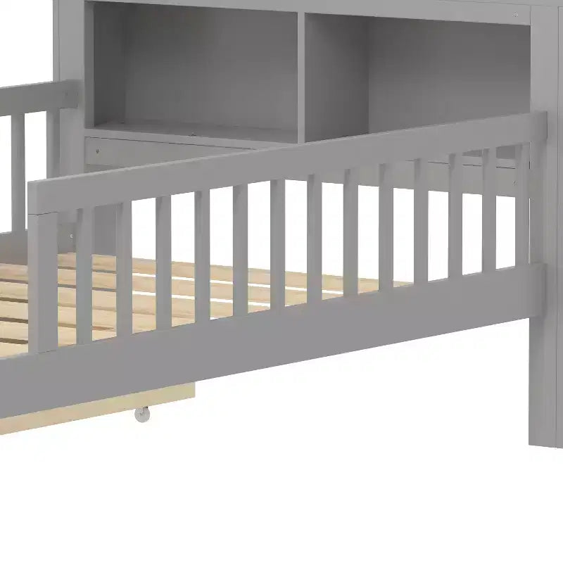 Wood Twin Size Platform Bed with 2 Storage Drawers and Guardrails for Kids