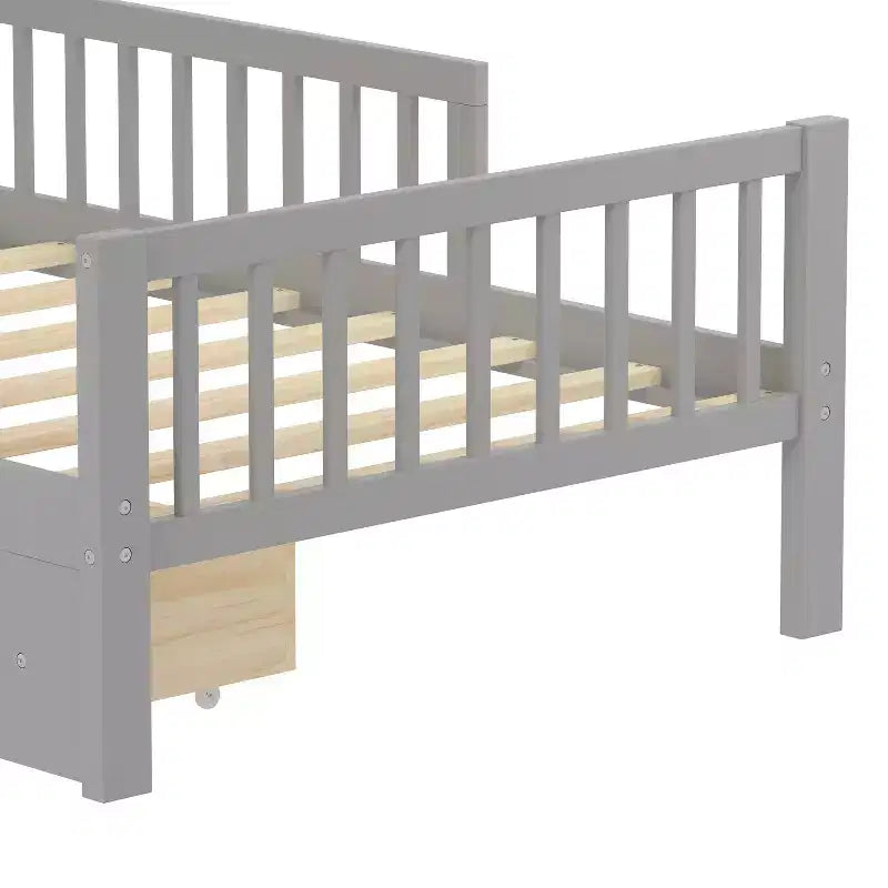Wood Twin Size Platform Bed with 2 Storage Drawers and Guardrails for Kids