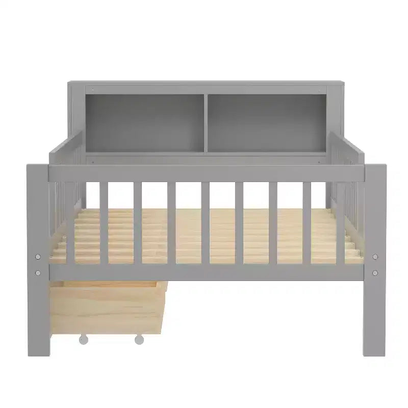 Wood Twin Size Platform Bed with 2 Storage Drawers and Guardrails for Kids