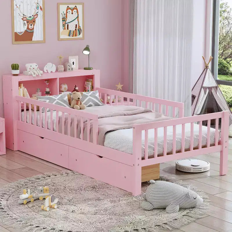 Wood Twin Size Platform Bed with 2 Storage Drawers and Guardrails for Kids