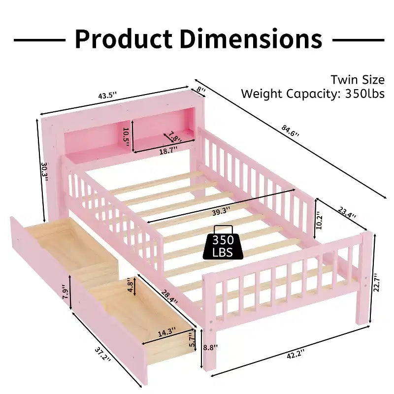 Wood Twin Size Platform Bed with 2 Storage Drawers and Guardrails for Kids