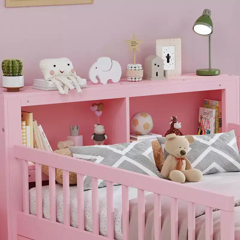 Wood Twin Size Platform Bed with 2 Storage Drawers and Guardrails for Kids