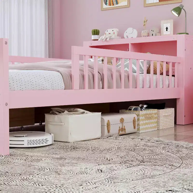 Wood Twin Size Platform Bed with 2 Storage Drawers and Guardrails for Kids