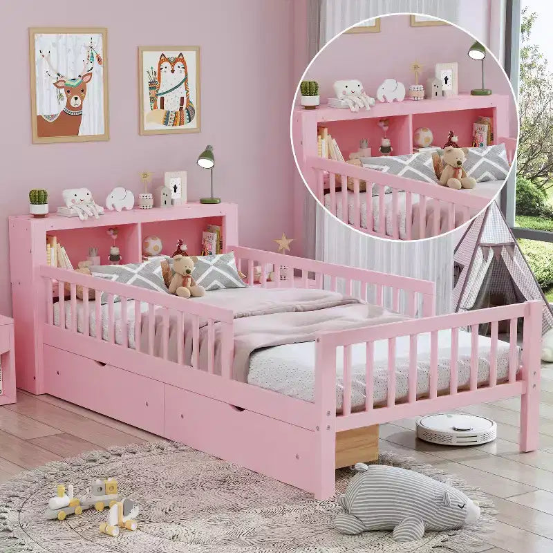 Wood Twin Size Platform Bed with 2 Storage Drawers and Guardrails for Kids