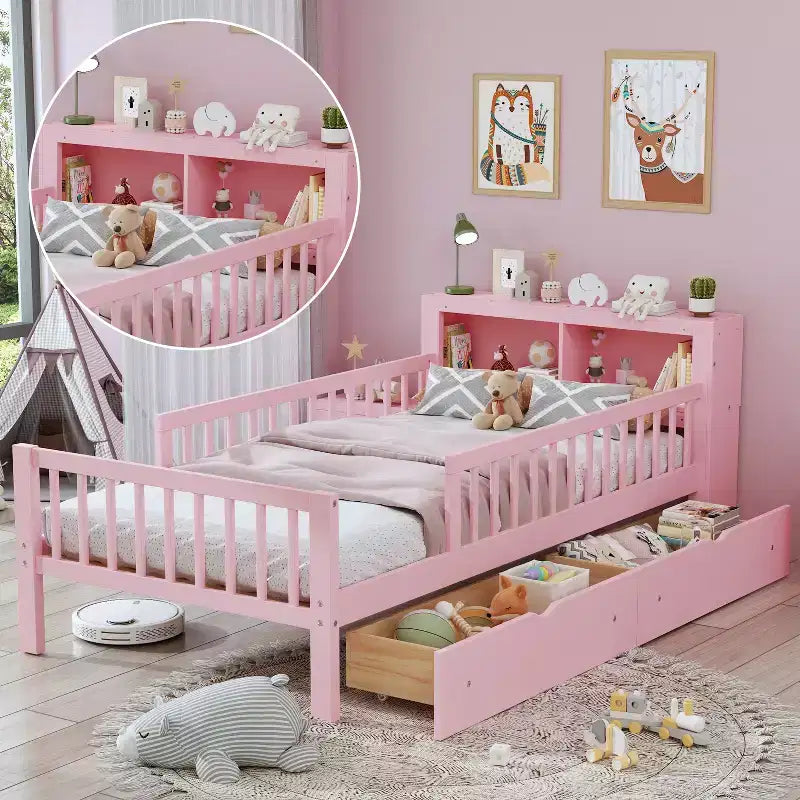 Wood Twin Size Platform Bed with 2 Storage Drawers and Guardrails for Kids