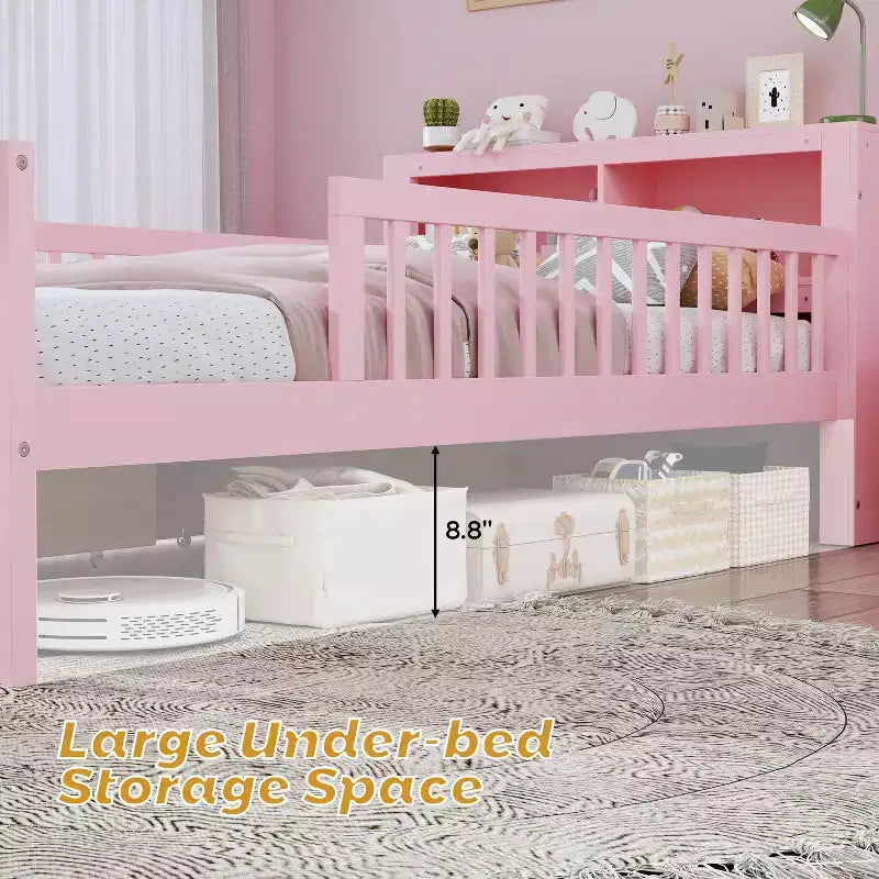Wood Twin Size Platform Bed with 2 Storage Drawers and Guardrails for Kids