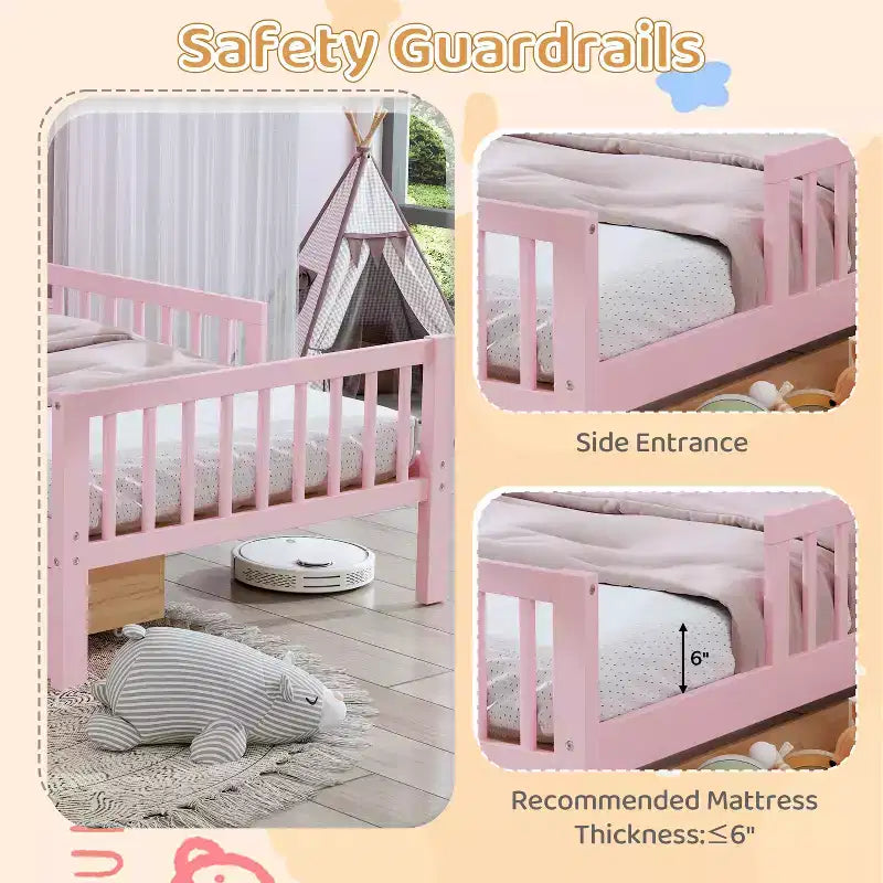Wood Twin Size Platform Bed with 2 Storage Drawers and Guardrails for Kids