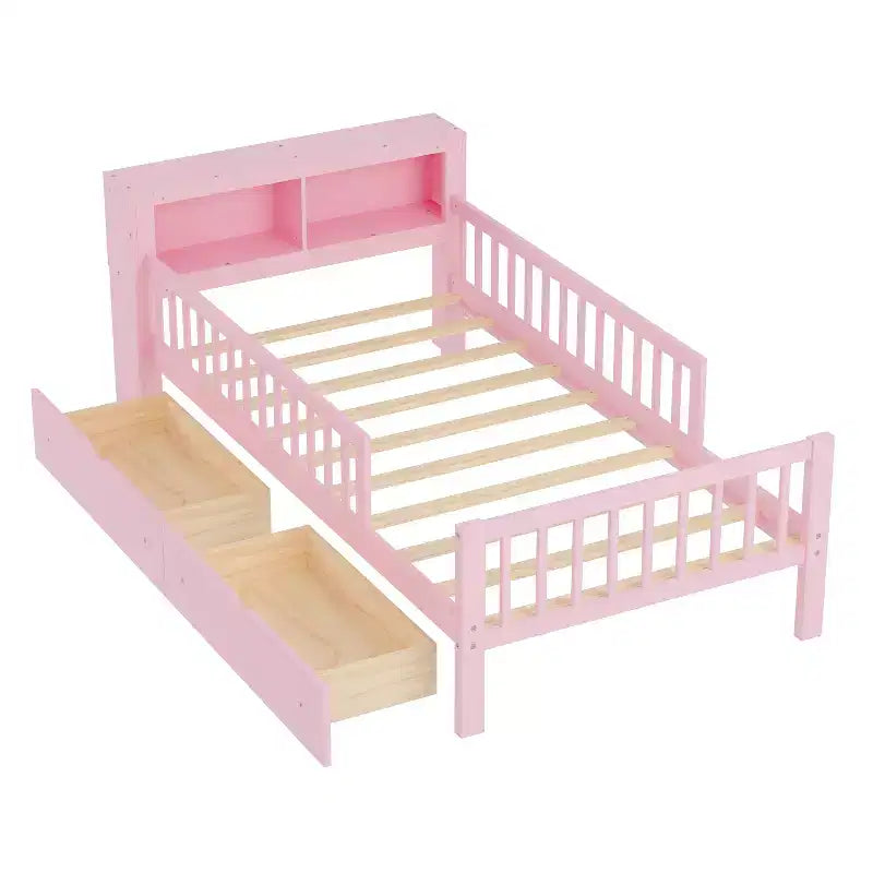 Wood Twin Size Platform Bed with 2 Storage Drawers and Guardrails for Kids