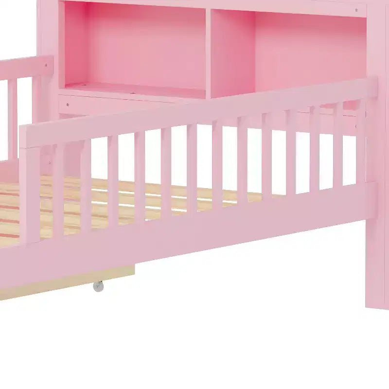 Wood Twin Size Platform Bed with 2 Storage Drawers and Guardrails for Kids