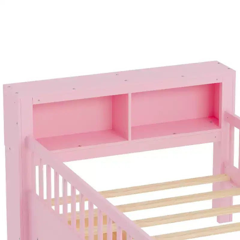 Wood Twin Size Platform Bed with 2 Storage Drawers and Guardrails for Kids