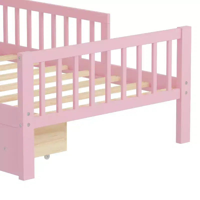 Wood Twin Size Platform Bed with 2 Storage Drawers and Guardrails for Kids