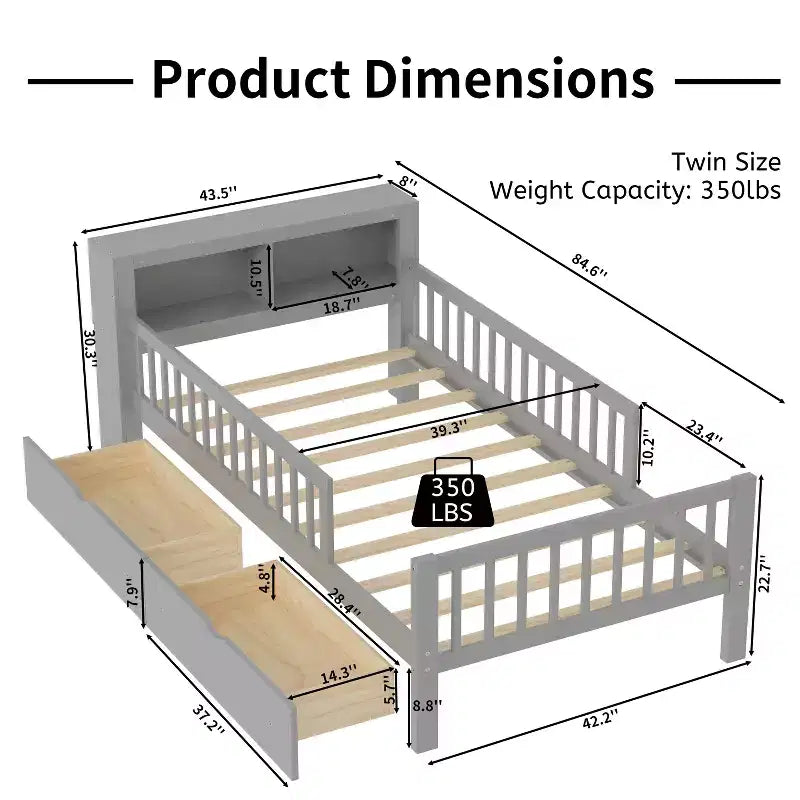 Wood Twin Size Platform Bed with 2 Storage Drawers and Guardrails for Kids