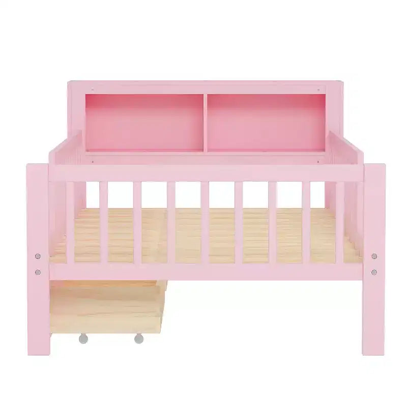 Wood Twin Size Platform Bed with 2 Storage Drawers and Guardrails for Kids