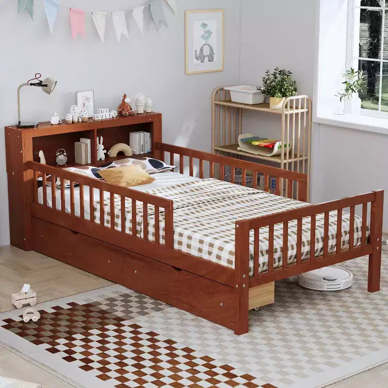 Wood Twin Size Platform Bed with 2 Storage Drawers and Guardrails for Kids