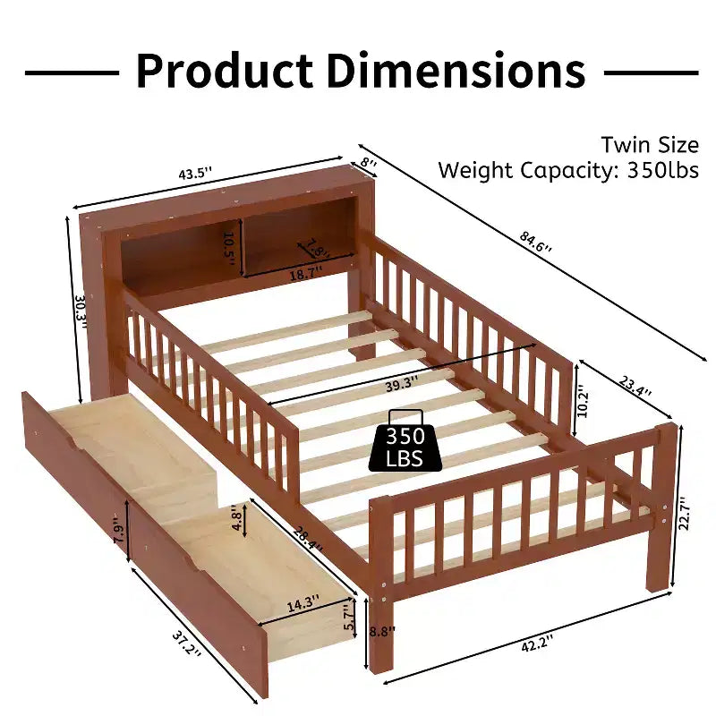 Wood Twin Size Platform Bed with 2 Storage Drawers and Guardrails for Kids