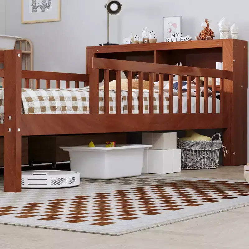 Wood Twin Size Platform Bed with 2 Storage Drawers and Guardrails for Kids