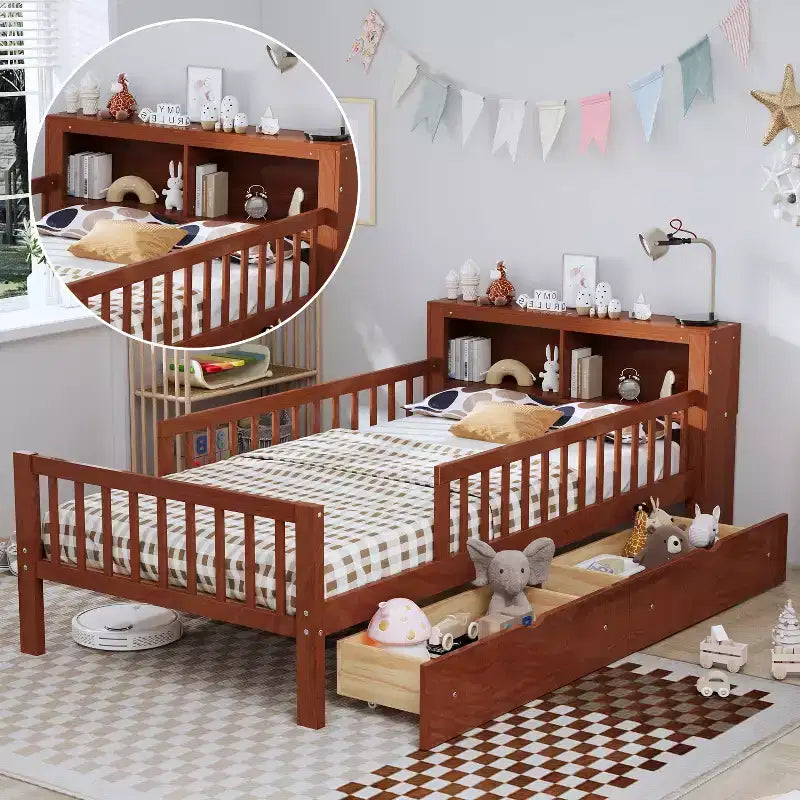 Wood Twin Size Platform Bed with 2 Storage Drawers and Guardrails for Kids