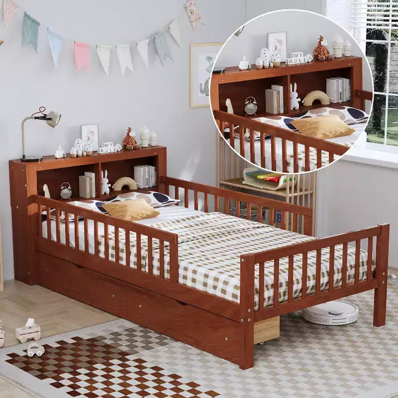 Wood Twin Size Platform Bed with 2 Storage Drawers and Guardrails for Kids