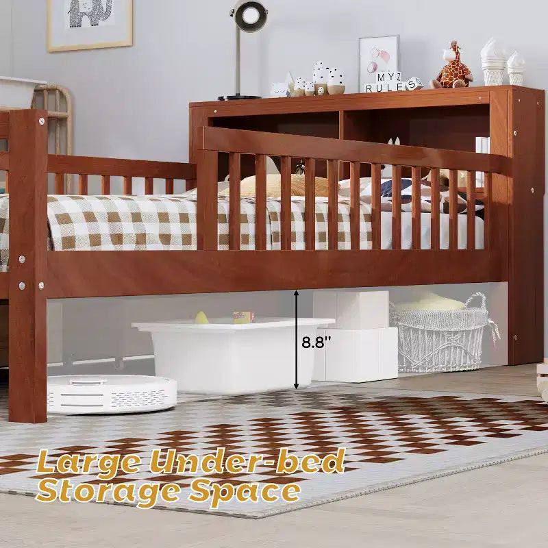 Wood Twin Size Platform Bed with 2 Storage Drawers and Guardrails for Kids