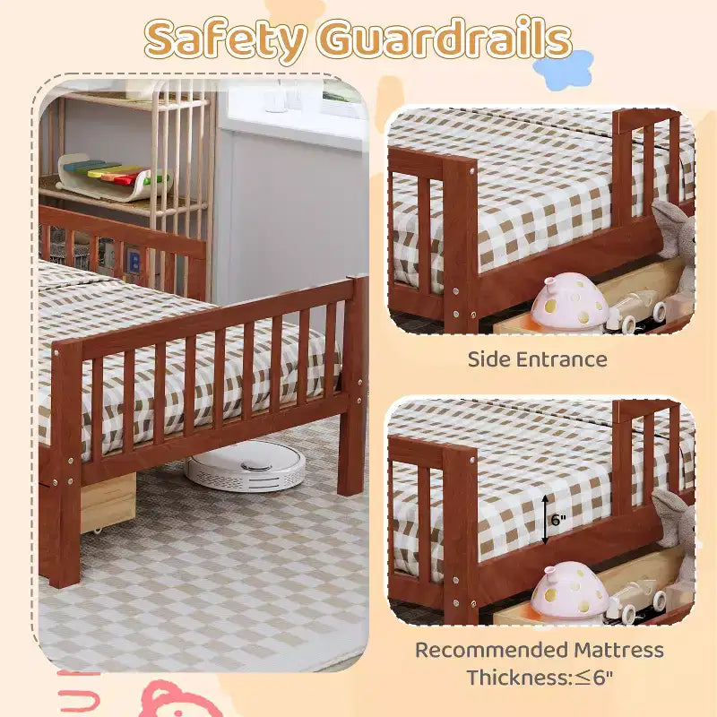 Wood Twin Size Platform Bed with 2 Storage Drawers and Guardrails for Kids