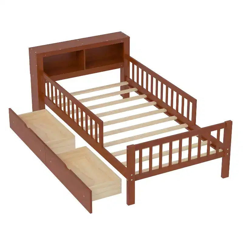 Wood Twin Size Platform Bed with 2 Storage Drawers and Guardrails for Kids