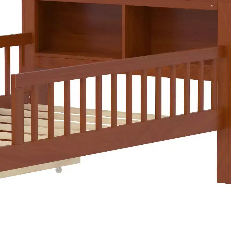 Wood Twin Size Platform Bed with 2 Storage Drawers and Guardrails for Kids