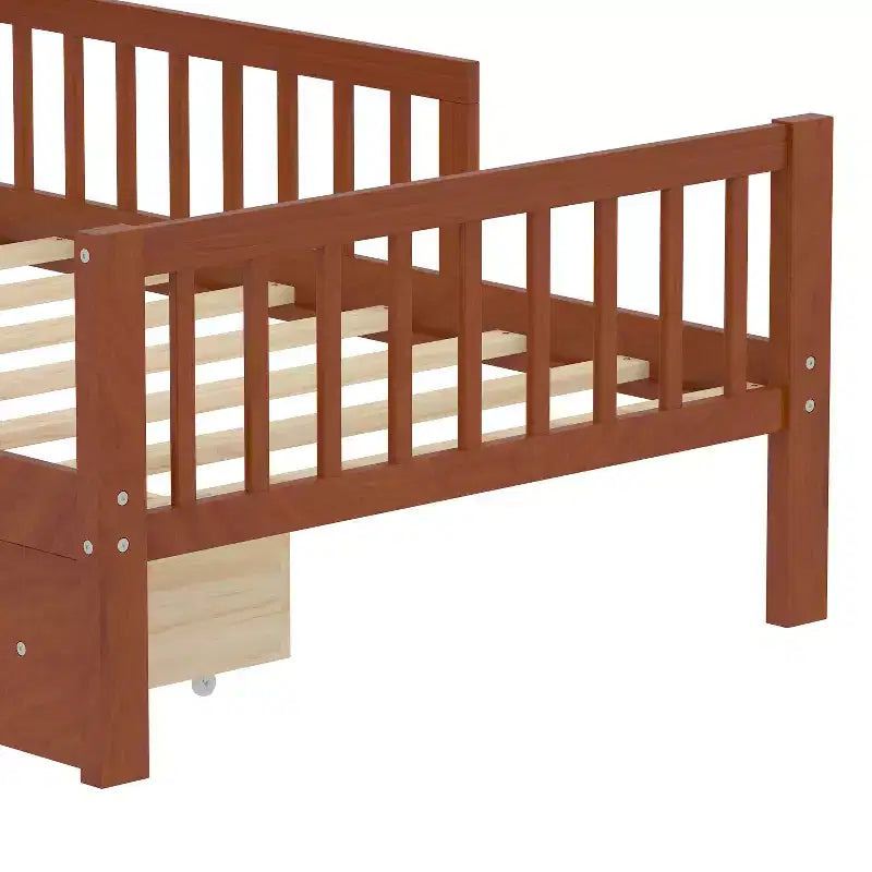Wood Twin Size Platform Bed with 2 Storage Drawers and Guardrails for Kids
