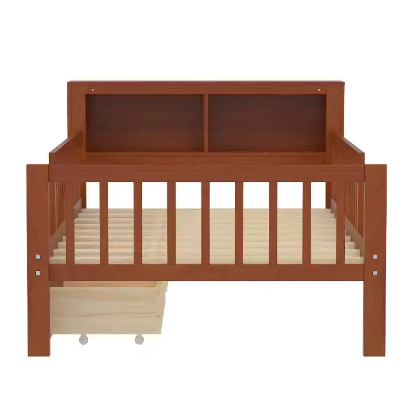 Wood Twin Size Platform Bed with 2 Storage Drawers and Guardrails for Kids
