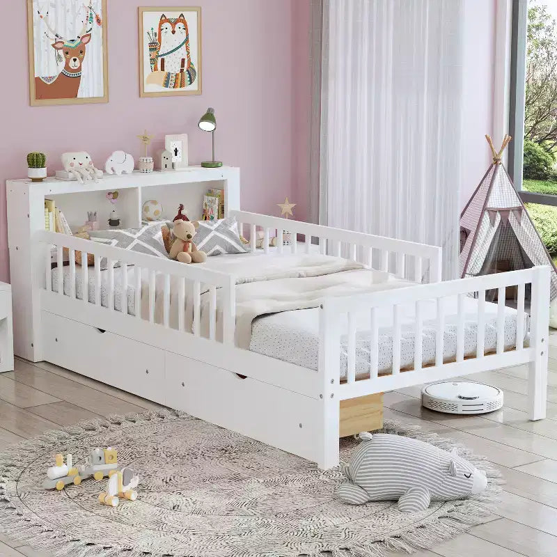 Wood Twin Size Platform Bed with 2 Storage Drawers and Guardrails for Kids
