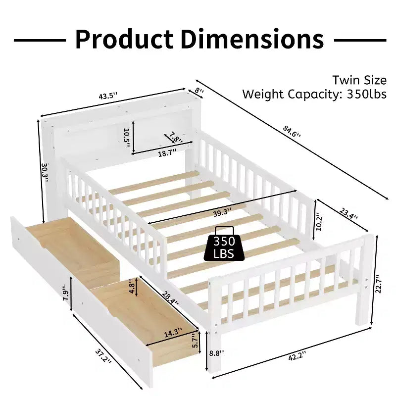 Wood Twin Size Platform Bed with 2 Storage Drawers and Guardrails for Kids