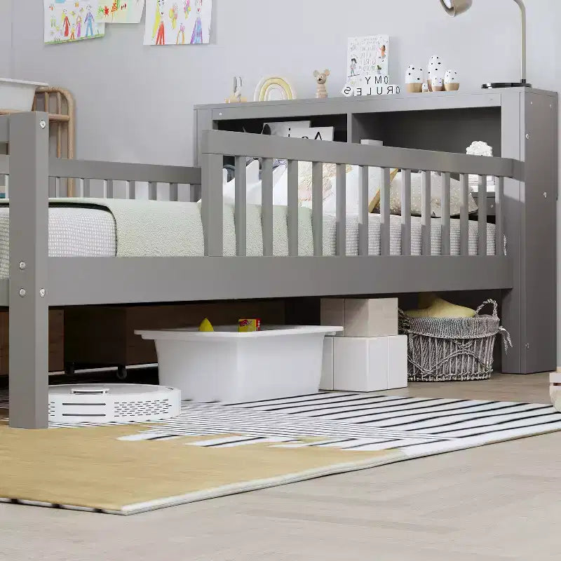 Wood Twin Size Platform Bed with 2 Storage Drawers and Guardrails for Kids