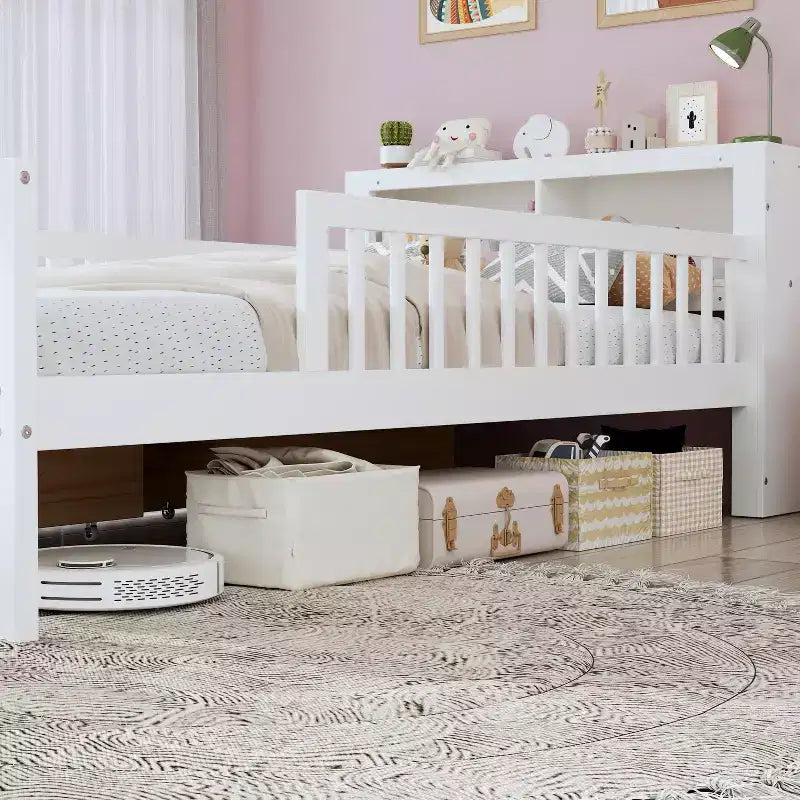 Wood Twin Size Platform Bed with 2 Storage Drawers and Guardrails for Kids