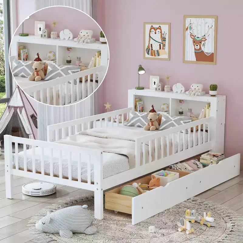 Wood Twin Size Platform Bed with 2 Storage Drawers and Guardrails for Kids