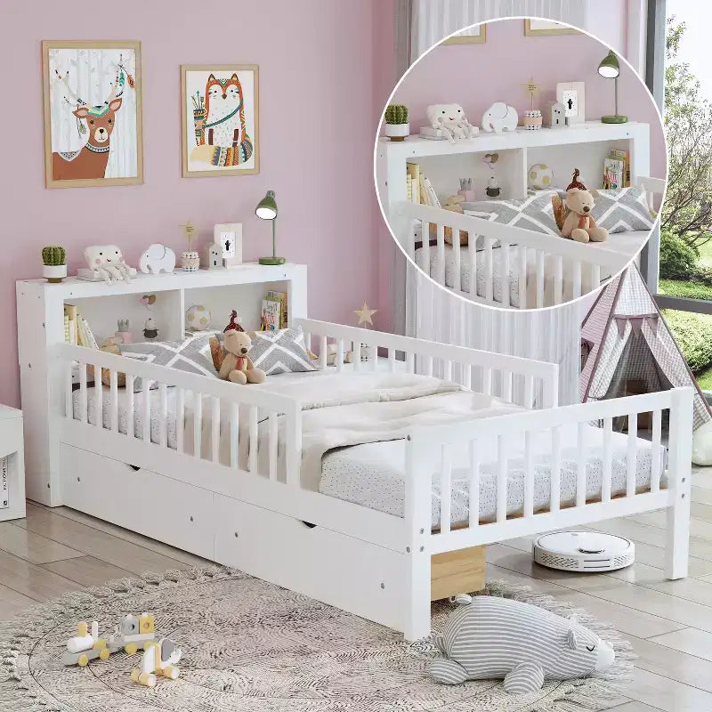 Wood Twin Size Platform Bed with 2 Storage Drawers and Guardrails for Kids