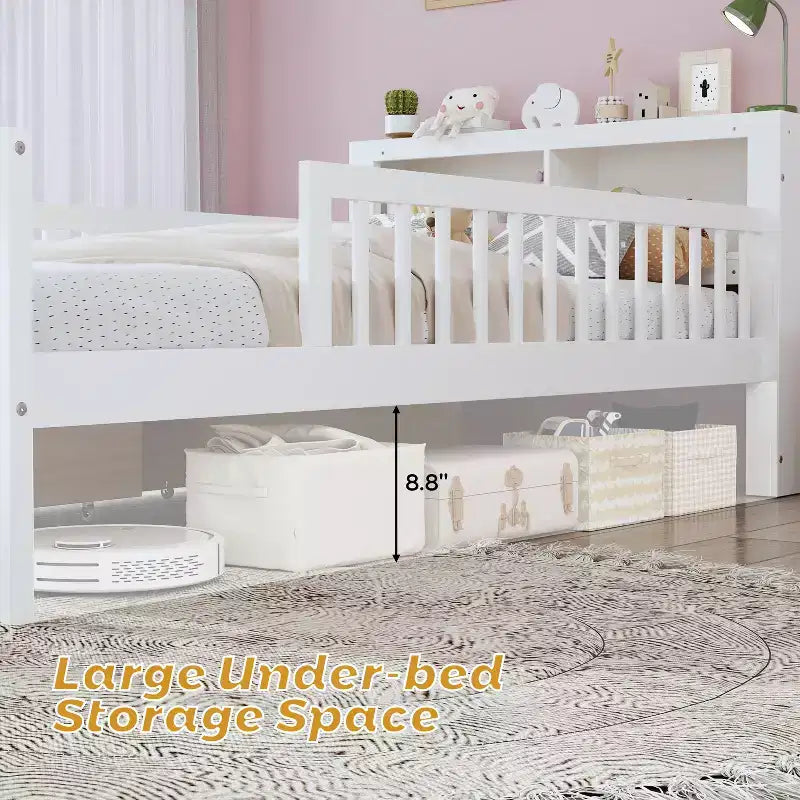 Wood Twin Size Platform Bed with 2 Storage Drawers and Guardrails for Kids