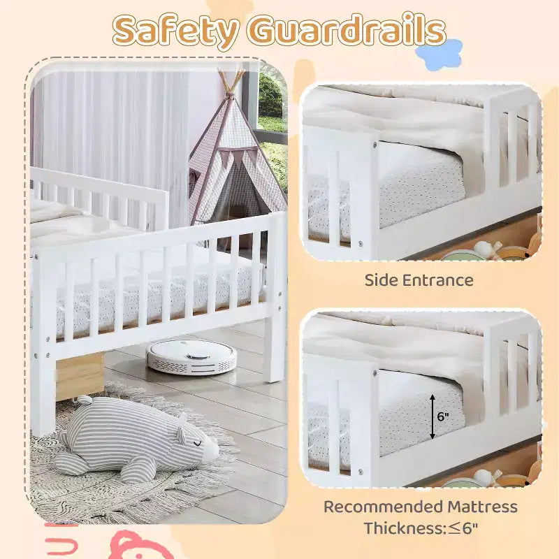 Wood Twin Size Platform Bed with 2 Storage Drawers and Guardrails for Kids