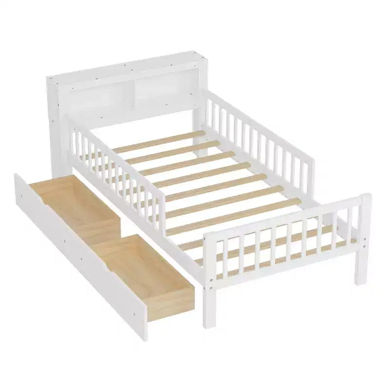 Wood Twin Size Platform Bed with 2 Storage Drawers and Guardrails for Kids