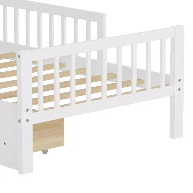 Wood Twin Size Platform Bed with 2 Storage Drawers and Guardrails for Kids
