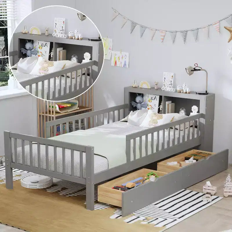 Wood Twin Size Platform Bed with 2 Storage Drawers and Guardrails for Kids