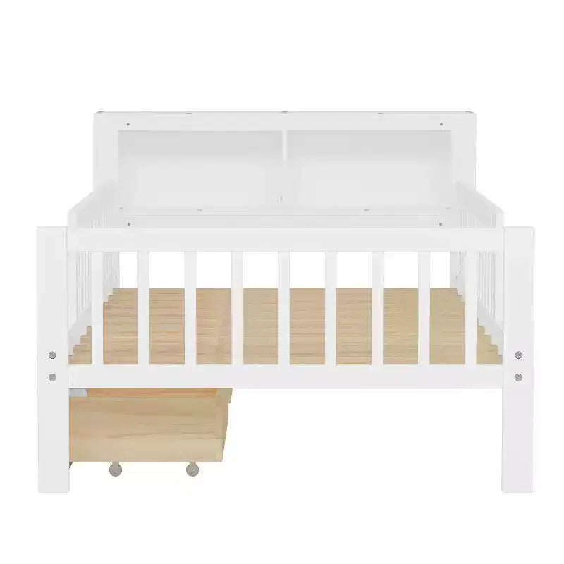 Wood Twin Size Platform Bed with 2 Storage Drawers and Guardrails for Kids